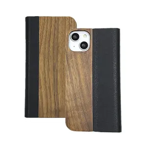 Holz Ledertasche Naturholz maserung Flip Phone Shell Für iPhone 14 13 ProMax 15 15pro 15promax