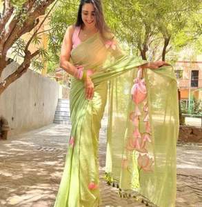 Sari Azrak de Seda/Algodón Tassar a Cuadros con Trabajo Manual, Patrón Irregular, Ecológico, de Secado Rápido, Peso Medio, Tejido, para Niñas y Mujeres, para Bodas - Product Image 1