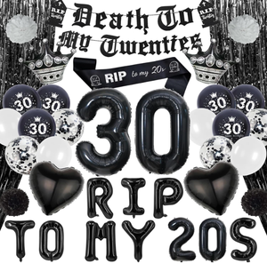 Decorazioni per Festa di Compleanno 30 Anni a Tema Morte ai 20 Anni: Striscioni, Pompon, Palloncini in Foil R.I.P. ai 20 Anni, Palloncini Stampati, Fascia e Tenda Decorativa - Product Image 1