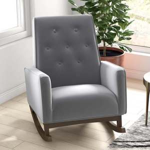 Fauteuil à bascule moderne en bois massif écologique, tissu gris clair Demetrius de qualité supérieure, pour salon, chambre d'enfant ou lecture - Product Image 2