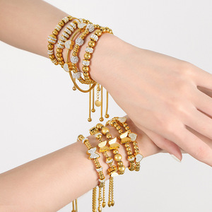 Korean Jewellery Fashion Stainless Steel Gold Plated butterfly Crystal Charms Beaded <strong>Drawstring</strong> Chain <strong>Bracelet</strong> for Girls - Product Image 2