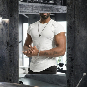 Custom <b>Men's</b> High Street Eco-Friendly Jersey <b>T</b> <b>Shirts</b> 95% Cotton 5% Spandex 180g Fitness Gym Wear <b>Curved</b> <b>Hem</b> Muscle Slim Fitted - Product Image 2