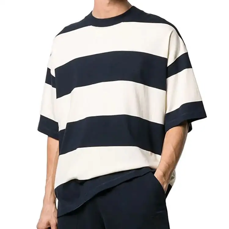 Camiseta casual listrada de algodão para homens, camiseta casual plus size plus size, camiseta com ombro caído, manga meia, ideal para homens