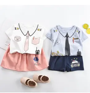 定制夏季童装儿童字母领带印花短袖t恤 + 松紧裙2套