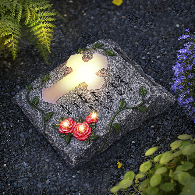 Bible Cross Garden Solar Lights Memorial Grave Stone Lawn Yard Patio Cemetery Decorations for Loved Ones Resin Craft