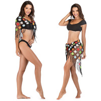Fabriek Oem Odm 2 In 1 Kleurrijke Onregelmatige Haak Mesh Kwast Sjaal Sexy Visnet Gebreide Bikini Badpak Vrouwen Strandkleding Cover Up