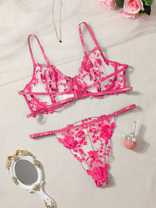 Ensemble de lingerie sexy léger en maille semi-transparente avec soutien-gorge à armatures et string à fleurs brodées, taille plus, nouvelle mode 2026 pour femmes - Product Image 5