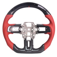 Volant de voiture en fibre de carbone véritable en forme de D avec LED pour Ford Mustang GT/GT350/GT350R 2018-2021, cuir perforé rouge