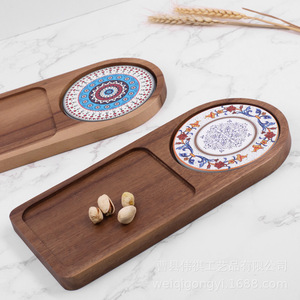 Plateau de service en bois massif avec porte-gobelet pour le petit-déjeuner, le café, le thé, le pain, les pâtisseries, motif en bois, forme irrégulière - Product Image 2
