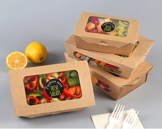 Disposable food container waterproof and grease proof Kraft Paper Packaging Take Away Salad lunch box