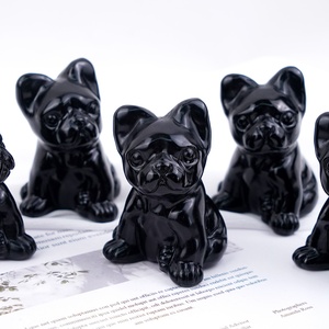 Venta al por Mayor de Artesanías de Cristal Natural Curativas, Adorables Perros de Obsidiana Negra Pulida con Forma de Toro Francés para Decoración del Hogar - Product Image 1