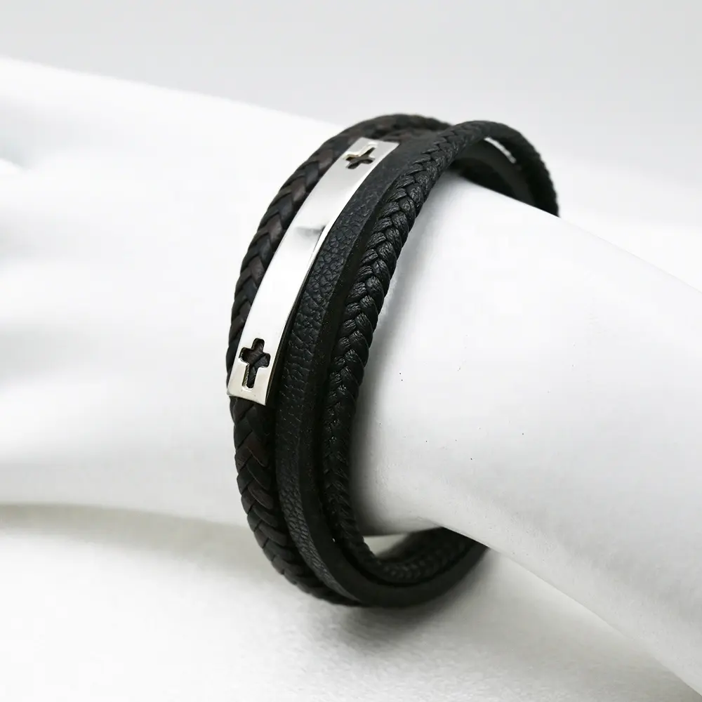 Neueste vikingische schwarze Leder-Armbänder mehrschicht-Edelstahl-Einsatz-Armband geflochtene Armbänder Punk-Schmuckzubehör