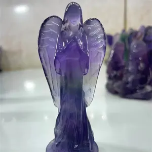 90Mm Graveerproducten Spirituele Kristallen Carfts Natuurlijke Paarse Fluoriet Kristal Engel Beeldjes Voor Cadeau