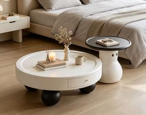 Modern <b>Round</b> Coffee <b>Table</b> With Storage Drawer <b>White</b> Plastic Minimalist Living Room Furniture - Product Image 4
