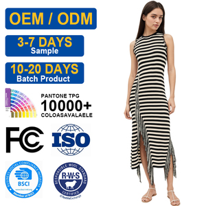 Abito Estivo da <span class=keywords><strong>Donna</strong></span> OEM/ODM, Asimmetrico, Lavorato a Maglia, Casual, Lungo fino al Pavimento, Traspirante, con Motivo a Righe e Schiena Scoperta - Product Image 1