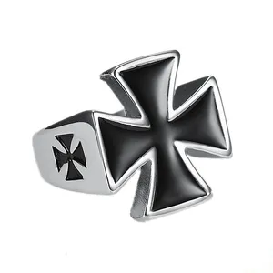 Wholesale Stainless Steel Jewelry Personality Titanium Vintage Fashion Fine Drop Glue German Black Iron Cross Ring for Men