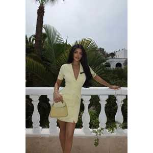 Vestido Mini Amarillo para Mujer, Tejido a Crochet, Estilo Formal Elegante, Cuello Cuadrado, Volantes, Talla XL, para Fiestas de Cumpleaños y Eventos Casuales - Product Image 2