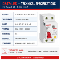 DELIXI 1P+N RCBO Type D Courbe D 10A Disjoncteur différentiel 230V 6kA Protection contre les surcharges 4kV Impulsion PA66/Rail en cuivre