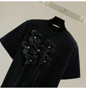 Camiseta de manga corta con borlas y flores para mujer, top elástico de cuello redondo, holgado y de ocio, a la moda. - Product Image 6