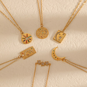 Collier en acier inoxydable avec pendentif étoile et lune pour femme, chaîne de clavicule avec diamants colorés, tendance, à porter au quotidien - Product Image 1