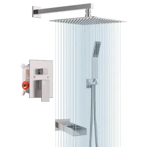 Ensemble de robinet de baignoire en métal de 12 pouces système de douche avec bec de baignoire pommeau de douche pluie carré et accessoires de douche combinés à main