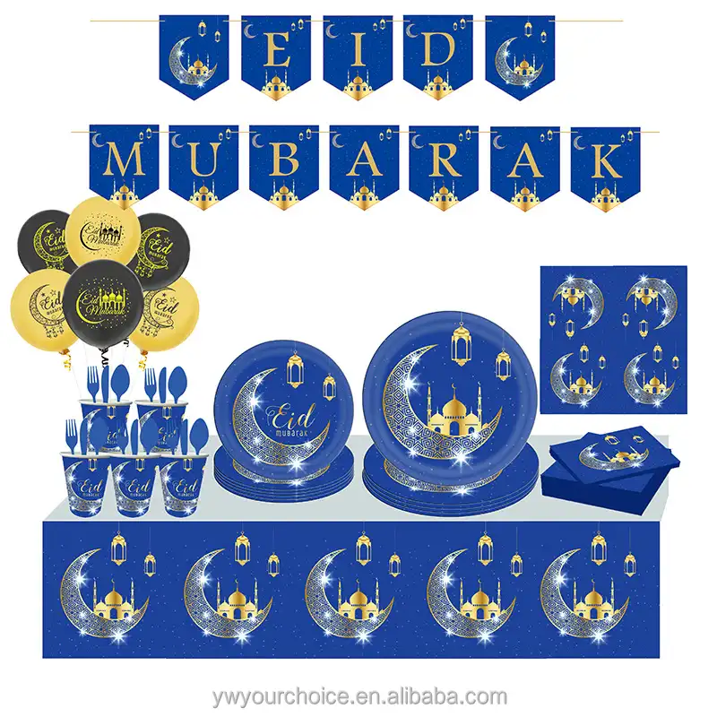 Objets de table pour fête du Ramadan, 16 pièces, décorations en feuille d'or Eid Mubarak, articles de table en papier couleur bleue pour fête du Ramadan musulman