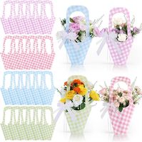 Sacs à bouquet en papier à carreaux gingham avec poignée, supports d'emballage pour fleurs, pour mariage, fête prénuptiale, décoration de fête