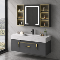 Meuble-lavabo mural gris moderne avec vasque et miroir LED, armoire de salle de bain avec rangement en verre pour projets hôteliers