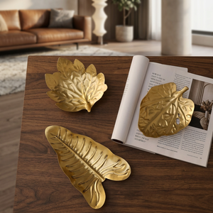 Assiettes décoratives en forme de feuille dorée, faites à la main, motif végétal en métal, design moderne - Product Image 5