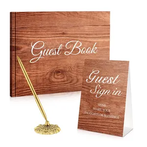 Livro de visitas personalizado com padrão de madeira para casamento, cartão com pensamentos e bênçãos