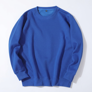เสื้อสเวตเชิ้ตผู้ชายสีน้ำเงินล้วน คอและปลายแขนเสื้อแบบริบ ทรงโอเวอร์ไซส์ ถักจากผ้าฝ้าย 100% สวมใส่สบายๆ สำหรับฤดูใบไม้ร่วง - Product Image 4