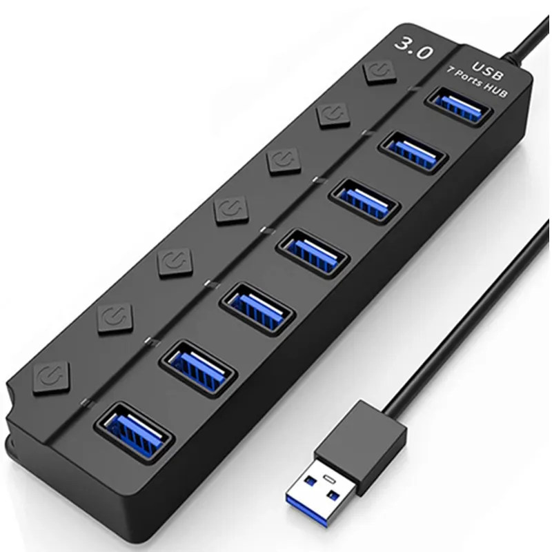 USB Hub 3.0 Alta Velocidade Multi USB Splitter Adapter 7 Port Hub Expansor Múltiplo Com Switch 120cm Longo Cabo Para PC