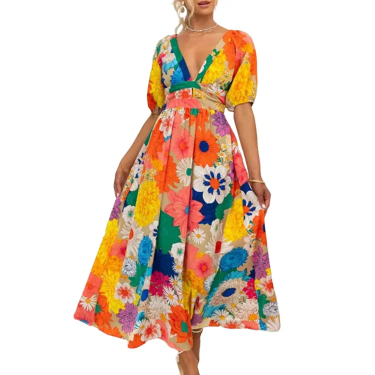 Gaun pesta motif bunga wanita, dress Kasual Lengan puff Prancis kerah V Musim Panas 2024