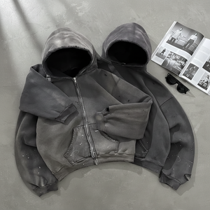 Felpa con Cappuccio da <span class=keywords><strong>Uomo</strong></span> Personalizzata con Zip, 100% Cotone, Tinta Unita, Effetto Vintage Acid Wash, Vestibilità Ampia, Stile Streetwear - Product Image 1