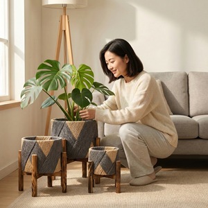 Support <span class=keywords><strong>de</strong></span> Plantes Luxe Moderne Nordique, Présentoir en Rotin Tressé et <span class=keywords><strong>Bois</strong></span> Massif pour Jardinières et Pots <span class=keywords><strong>de</strong></span> Fleurs d'Intérieur et d'Extérieur - Product Image 6