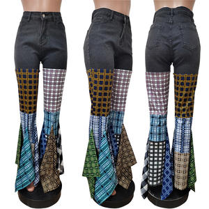 MLD83176 Jeans <strong>Pants</strong> for Women Patchwork Thousand Bird Checker <strong>Ruffle</strong> Flared Jeans Casual <strong>Denim</strong> Jeans for Ladies - Product Image 5