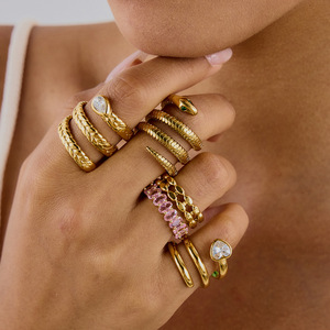 <b>Crystal</b> <b>Rings</b> Set For Women Gold Tone With Zircon Stones Heart Snake Design Everyday Wear Jewelry - Product Image 3