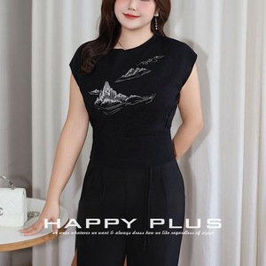 Happy Plus Nouveau haut tricoté brodé de style chinois à manches courtes pour femme, grande taille, coupe ample, épaisseur moyenne, avec étiquette - Product Image 5