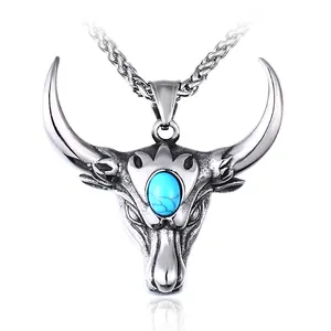 BP8-043 Acier Soldat Buffle Animaux Pendentif Coeur Amulette Collier Pour Homme Cadeau Tuteur Ras Du Cou Viking Bijoux - Product Image 1
