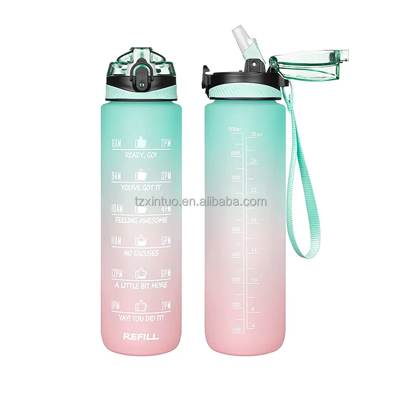 amazon hot sell 1L gradient motivational capacity plastic custom bpa free sports water bottle for kids with straw