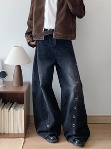 กางเกงยีนส์ขากว้างสีดำสำหรับผู้ชาย ทรงหลวม แต่งรูร้อยเชือก สไตล์ Y2K สตรีทแวร์ ผลิตแบบ OEM - Product Image 1