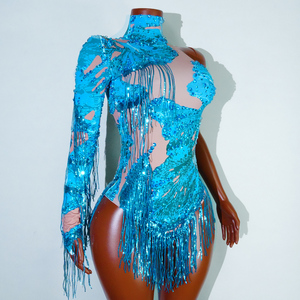 Combinaison sexy turquoise à franges de sequins, asymétrique à une manche, pour la danse Samba, la danse latine, les spectacles sur scène, les vidéos musicales, les costumes de Drag Queen - Product Image 4