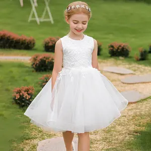 Crianças roupas verão sem mangas branco crianças vestidos comprimento do joelho rendas top tule meninas vestidos para festa