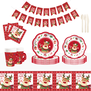 DAMAI Artículos para Fiesta de Navidad con Diseño de Reno Navideño, Incluye Platos de Papel para Postre, Vasos y Servilletas para Fiesta de Navidad - Product Image 1
