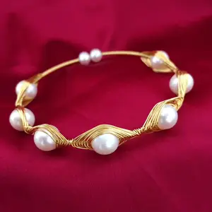 Handmade women gold filled wrap 10mm genuine pearl bead stretch bangels bracelet