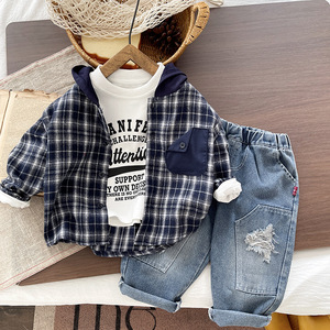 Ensemble de vêtements trois pièces pour bébé garçon, automne 2026, nouveau modèle étranger, comprenant un manteau à capuche à carreaux, une chemise et un pantalon en jean - Product Image 2