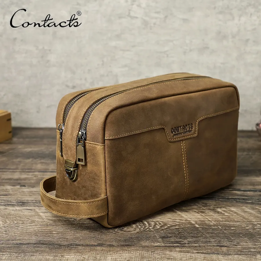 Double Zipper Makeup Storage Bag Genuine Leather travel handbag men wash bag Pouch Organizer Cosmetic men toiletry bag for men