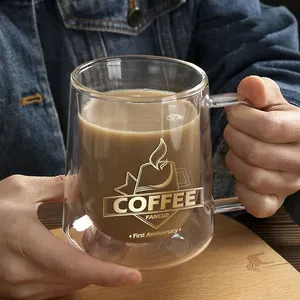 Vente en gros 300ml clair moka glace noir café tasse à café en verre à double paroi Tazas De Cafe avec poignée