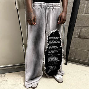 Huili celana pelari uniseks, Streetwear uniseks kaki lebar longgar celana olahraga kustom Distressed Vintage dicuci pria layar dicetak celana longgar - Product Image 2