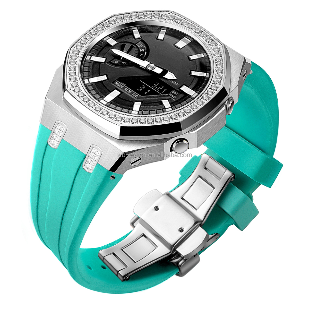 Boîtier argenté + Bracelet bleu marine